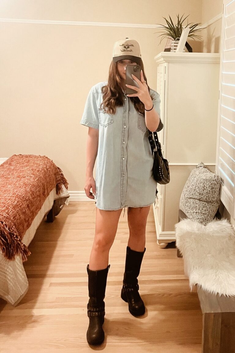 oversized denim shirt and boots outfit